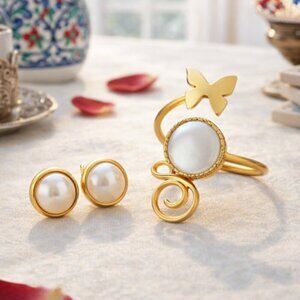 Turkish Artisan 24K Gold Plated Pearl Ring Earrings Set Adjustable Boho Chic